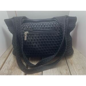 The Sak Black Crochet Tote Shoulder Bag Large Boho Purse Handbag Zip Pocket Casu
